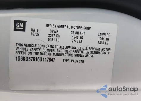 2006 Cadillac Dts Performance z USA, uszkodzony, nr VIN 1G6KD57916U117847